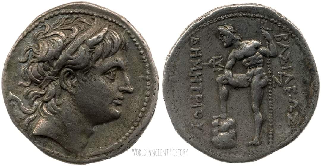 Greek Silver Tetradrachm Coin of Demetrios I Poliorcetes (290-289 BC), Amphipolis, Macedon, Greece.

Obverse: Horned head of Demetrius facing right and wearing a diadem.

Reverse: The God Poseidon Pelagaios standing left, with his right foot on a rock, holding a trident.…