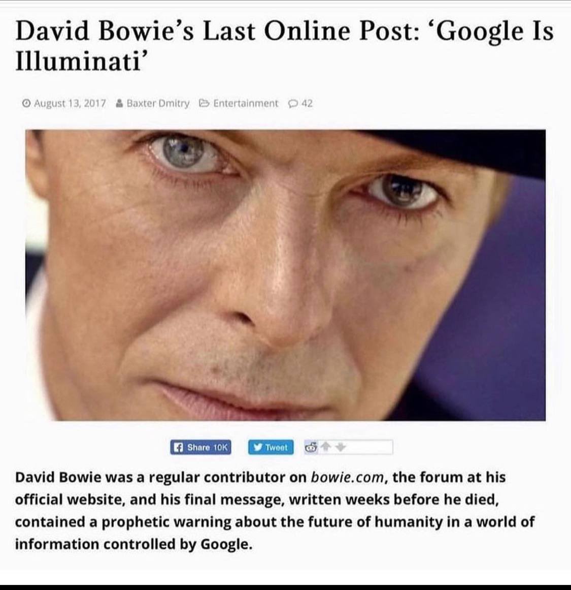 “Google is Illuminati” David Bowie. Bowie is alive. What happened to him to go into witness protection?