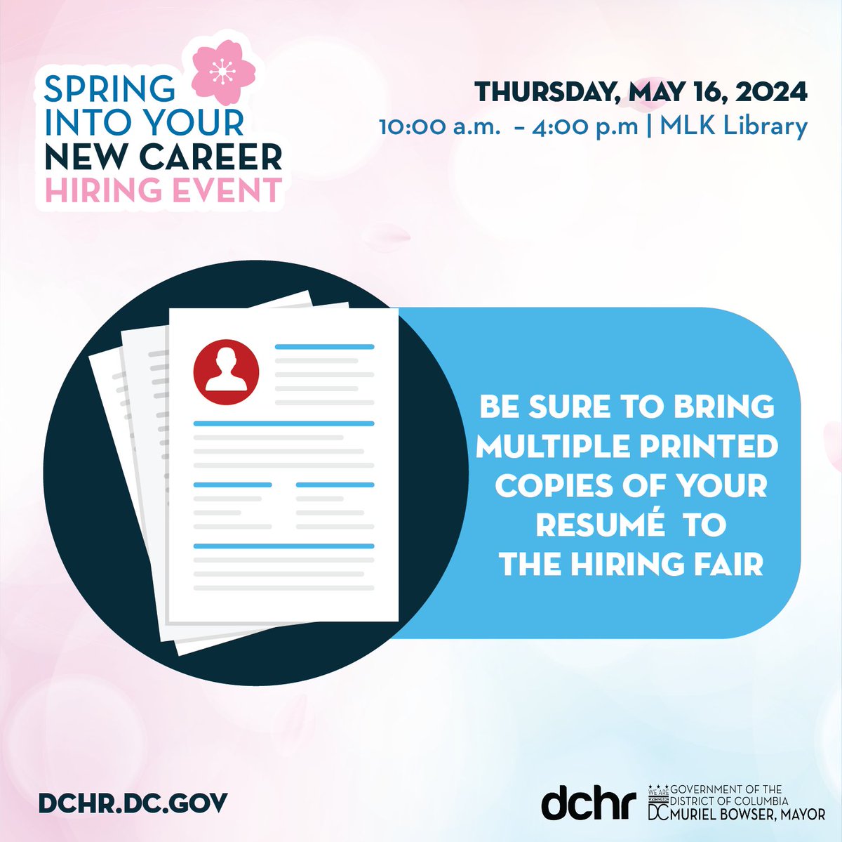 Gear up for @DCHRDC Spring Hiring Fair at MLK Library:

-Print your resumes at your local library beforehand to beat the rush.
-Know the event's time & location.
-Bring a book for any wait time.
-Stroll the library, grab a coffee.
-Snap pics, tag us, & stay patient! Good luck!