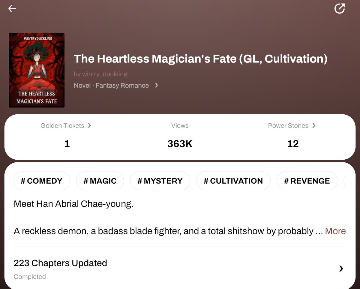 Slowly making our way to 400k…

So proud of The Heartless Magician’s Fate and all the effort and creativity I put into it

#webnovel #author #gl #fantasy #lesbians