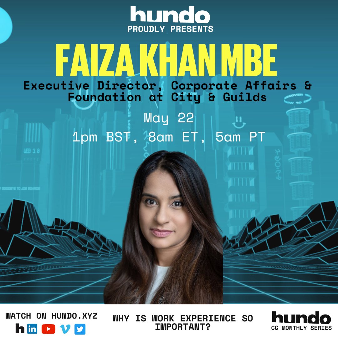 Join us at hundo's CareerCon for insights from Faiza Khan MBE on empowering young people and navigating #career pathways with @cityandguilds 🎉 📅 May 22 🕒 1pm BST📍hundo.xyz/live Sign up for free - hundo.xyz/live #event #education
