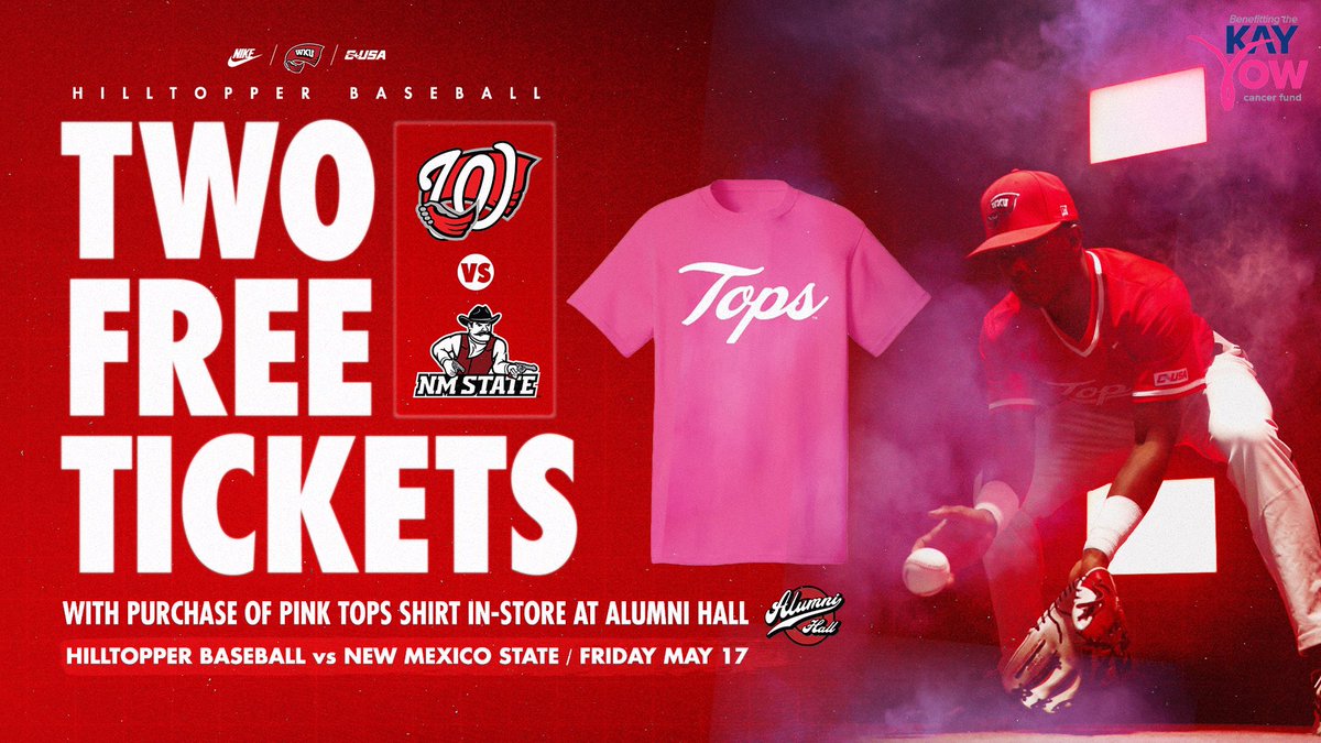 Win 2️⃣ free tickets to Friday’s game vs. New Mexico State with a purchase of a pink Tops shirt from @AlumniHallWKU! #GoTops | #Play4Kay