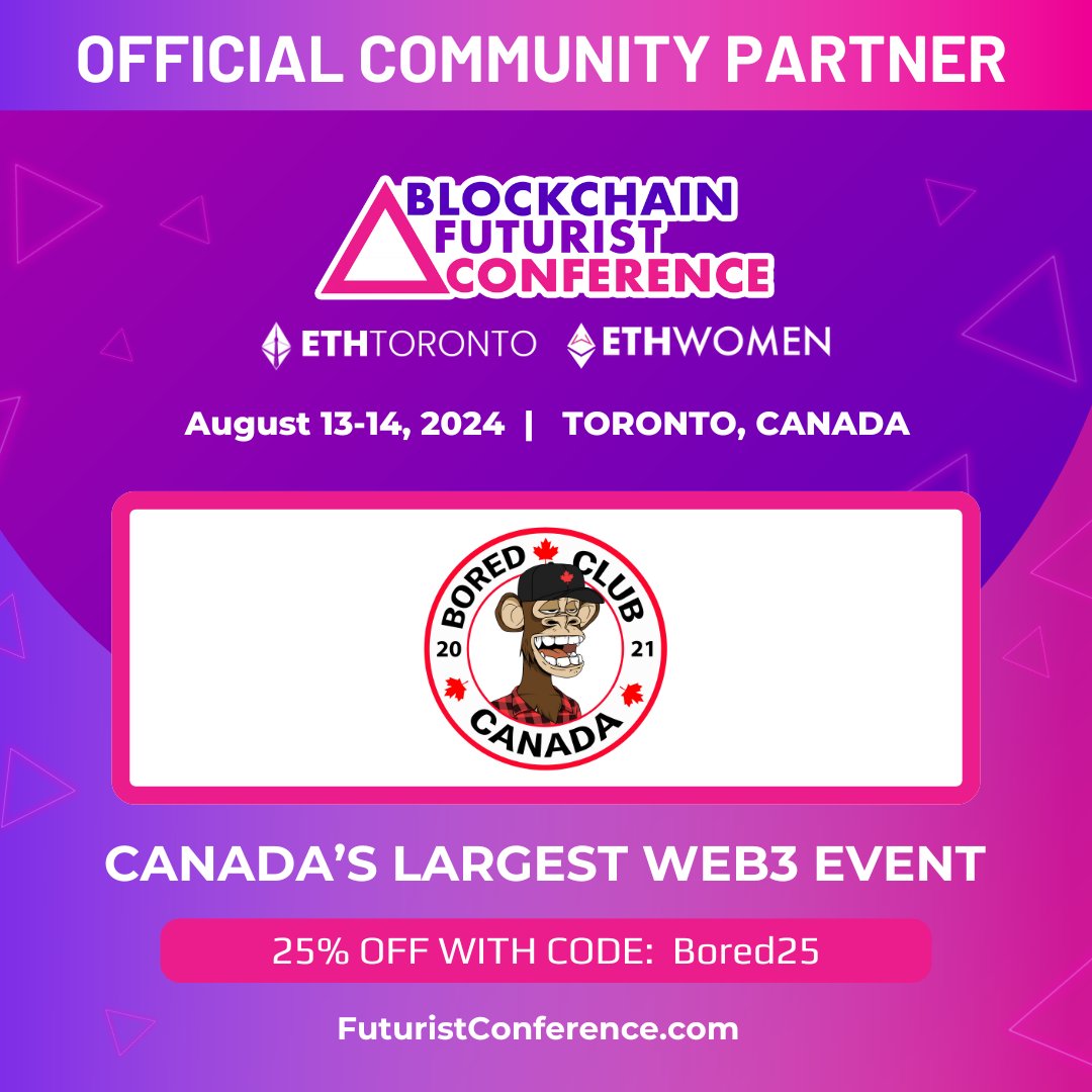 Bored Club Canada (@boredclubcanada) on Twitter photo Happy to announce Bored Club Canada is an official community partner for the Blockchain Futurist Conference. BCC members get free access. We’d love to meet members of other communities at the event! Use "Bored25" code to get 25% off. See you there! <a href="/Futurist_conf/">Blockchain Futurist Conference</a> <a href="/ETH_Toronto/">ETHToronto</a> Happy to announce Bored Club Canada is an official community partner for the Blockchain Futurist Conference. BCC members get free access. We’d love to meet members of other communities at the event! Use "Bored25" code to get 25% off. See you there! <a href="/Futurist_conf/">Blockchain Futurist Conference</a> <a href="/ETH_Toronto/">ETHToronto</a>