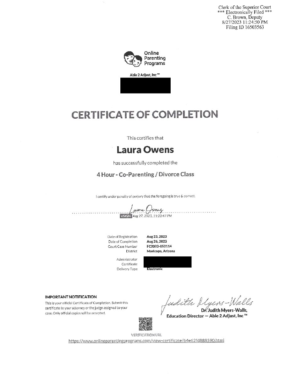 Laura's certificate of completion of a co-parenting class in August. SMH. #justiceforclayton #justiceforvictimsoflauraowens