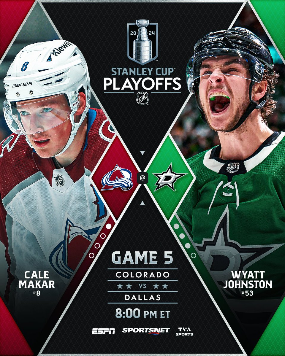 NHL Public Relations (@nhlpr) on Twitter photo Cale Makar and the <a href="/Avalanche/">Colorado Avalanche</a> will look to bring their Second Round series back to Ball Arena, while Wyatt Johnston and the <a href="/DallasStars/">X - Dallas Stars</a> have a chance to close out at home in Game 5. #StanleyCup
 📺: 8 p.m. ET on @ESPN, <a href="/Sportsnet/">Sportsnet</a>, <a href="/TVASports/">TVA Sports</a>.
#NHLStats: media.nhl.com/public/news/18… Cale Makar and the <a href="/Avalanche/">Colorado Avalanche</a> will look to bring their Second Round series back to Ball Arena, while Wyatt Johnston and the <a href="/DallasStars/">X - Dallas Stars</a> have a chance to close out at home in Game 5. #StanleyCup
 📺: 8 p.m. ET on @ESPN, <a href="/Sportsnet/">Sportsnet</a>, <a href="/TVASports/">TVA Sports</a>.
#NHLStats: media.nhl.com/public/news/18…