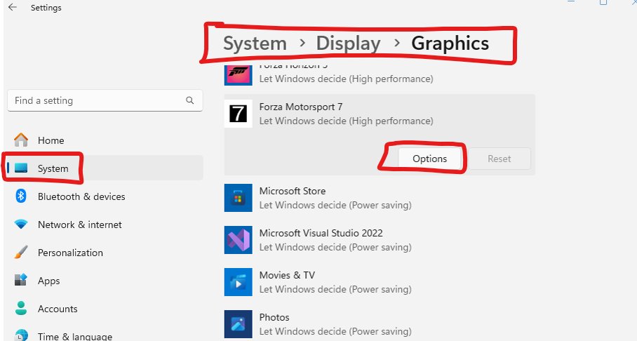 alb3530's tweet photo. @NamedCotton17 @StreetFighter If using Windows 11, make sure game's not running, then open Settings, then go to System -> Display -> Graphics, find the game, go to "options", and select the strongest GPU you have on your system. Then launch the game again. https://t.co/8VHmNBtAGk