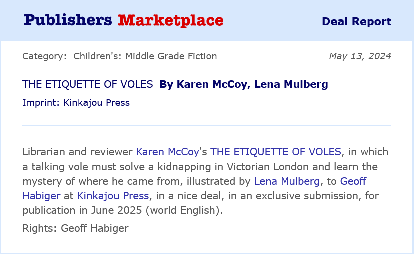 Thrilled to find this in my inbox this morning! One more step to my #debut in 2025! @PublishersLunch @ArtemesiaGeoff #mglit #voleiscoming