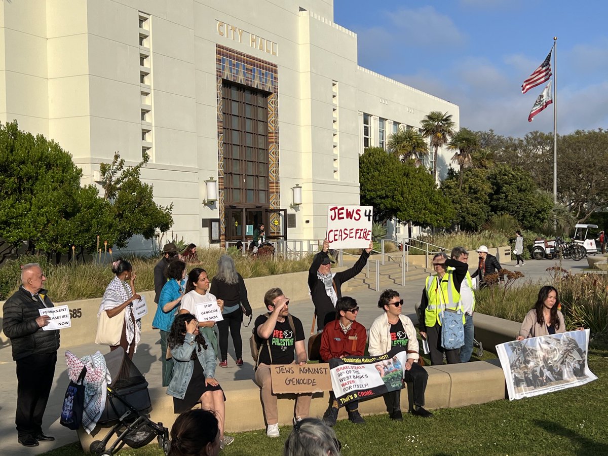 Lots of signs: “Permanent ceasefire now”; “Stop genocide in Gaza”; “No more arms shipments.” Not one sign mentions the hostages. Sure — lots of empathy, poetry, even tears at the open mic. But no one cries for the hostages. Not even the “Jews 4 Palestine.” Santa Monica city hall.