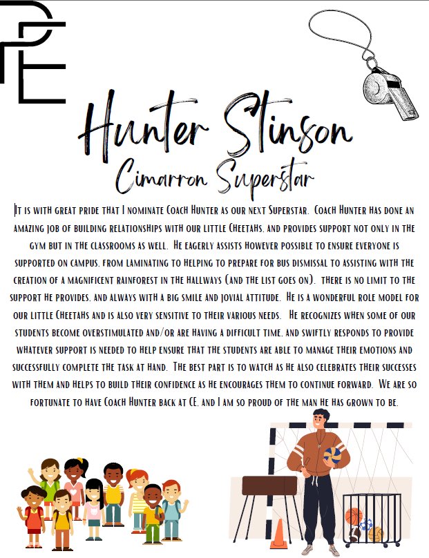 CimarronElem's tweet photo. Congratulations to Coach Hunter Stinson, this weekβs Cimarron SuperStar Staff Member! Coach Hunter was nominated by Ms. Bourgeois, and will hold the SuperStar trophy π this week! ππππππ
#cecheetahs #itsalwayssunnyand70atcimarron #readyforthenextphase #newmoonisrising https://t.co/nA6LoGTJsc