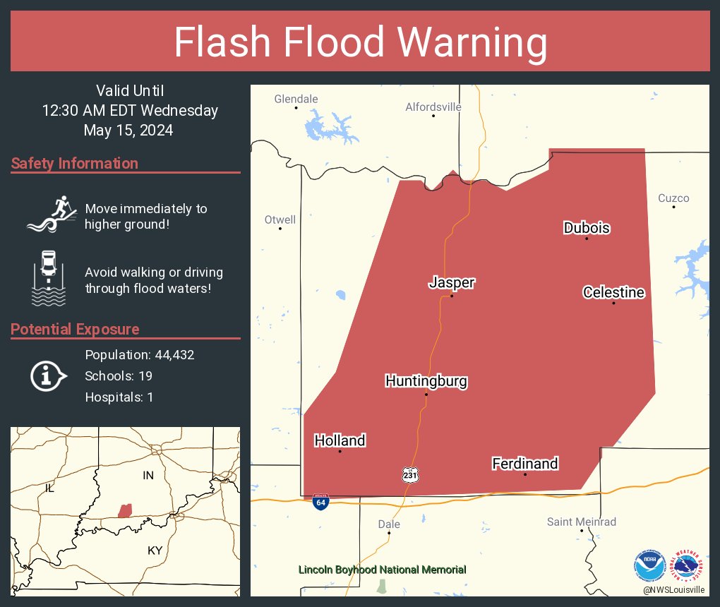Flash Flood Warning including Jasper IN, Huntingburg IN and Ferdinand IN until 12:30 AM EDT