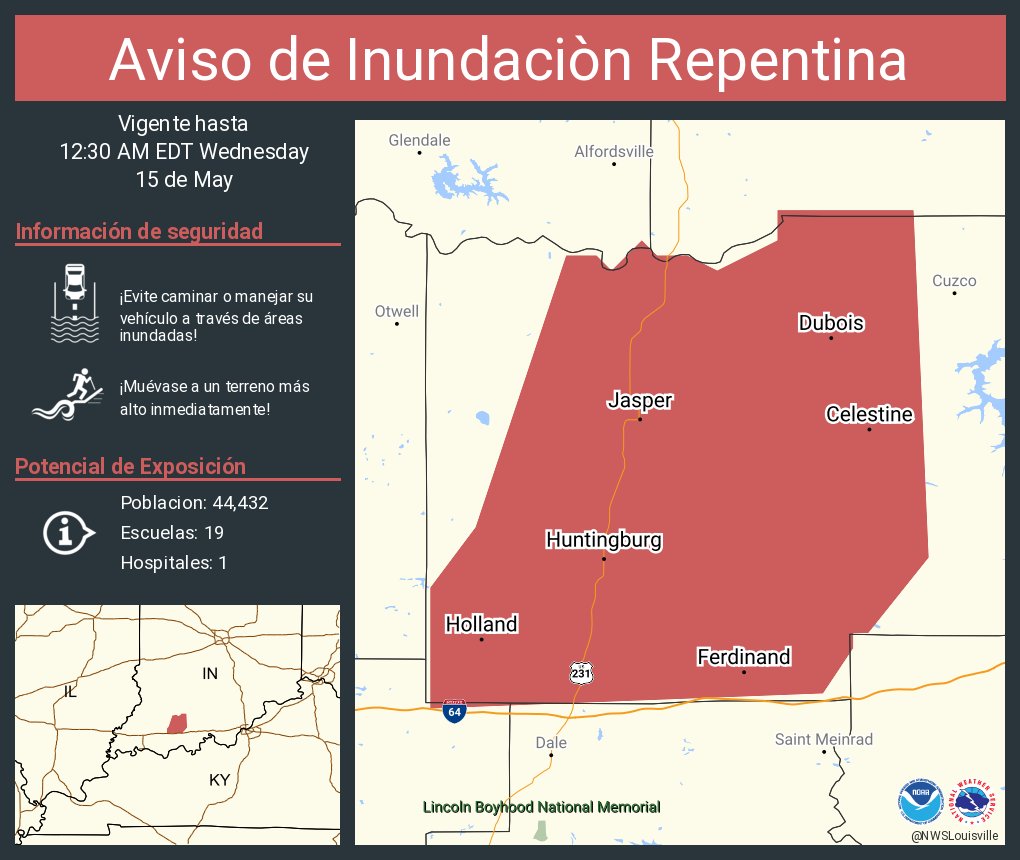 Aviso de Inundación Repentina incluye Jasper IN, Huntingburg IN, Ferdinand IN hasta las 12:30 AM EDT