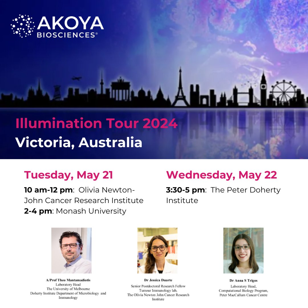 Akoya Biosciences (@akoyabio) on Twitter photo G'day, #Victoria! Our #IlluminationTour will be making stops at <a href="/ONJCRI/">ONJ Cancer Research Institute</a>, <a href="/MonashUni/">Monash University</a> & <a href="/TheDohertyInst/">Doherty Institute</a> on May 21 and 22, and you're invited! Hear from Akoya experts, as well as <a href="/Theo_BrainC_lab/">Theo Mantamadiotis @BrainCancerLab</a>, <a href="/JessDGDuarte/">Jessica Duarte</a> & <a href="/anna_t_g/">Anna Trigos</a>.
▶️ Save your spot: bit.ly/4bl8Ssk G'day, #Victoria! Our #IlluminationTour will be making stops at <a href="/ONJCRI/">ONJ Cancer Research Institute</a>, <a href="/MonashUni/">Monash University</a> & <a href="/TheDohertyInst/">Doherty Institute</a> on May 21 and 22, and you're invited! Hear from Akoya experts, as well as <a href="/Theo_BrainC_lab/">Theo Mantamadiotis @BrainCancerLab</a>, <a href="/JessDGDuarte/">Jessica Duarte</a> & <a href="/anna_t_g/">Anna Trigos</a>.
▶️ Save your spot: bit.ly/4bl8Ssk