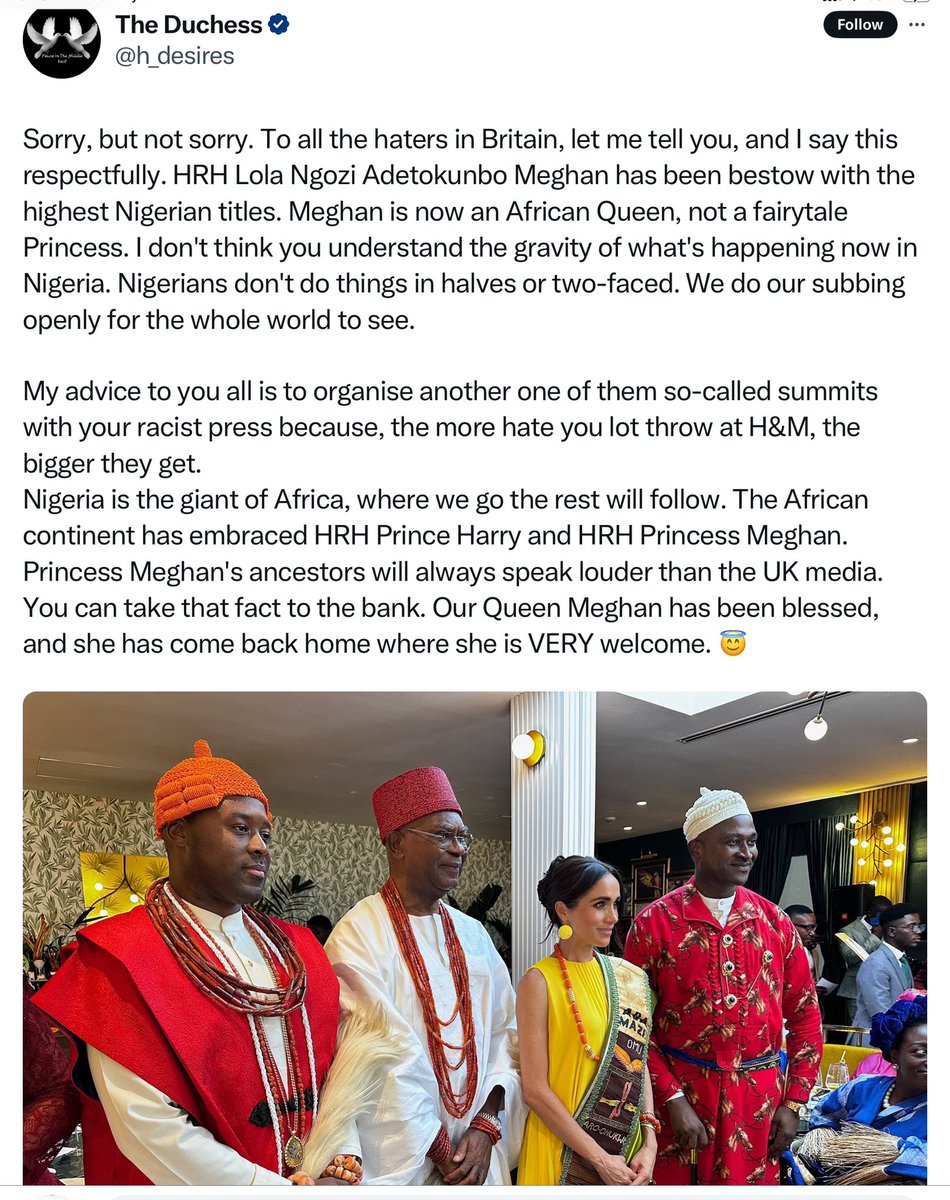 I truly have to laugh at these people.  I don’t even know who they are, they block me and then post this - did you know that MM has been given the highest of Nigerian peerage title?  One of royalty!

Great, then the UK can withdraw the UK titles, end of story.  🤦‍♀️