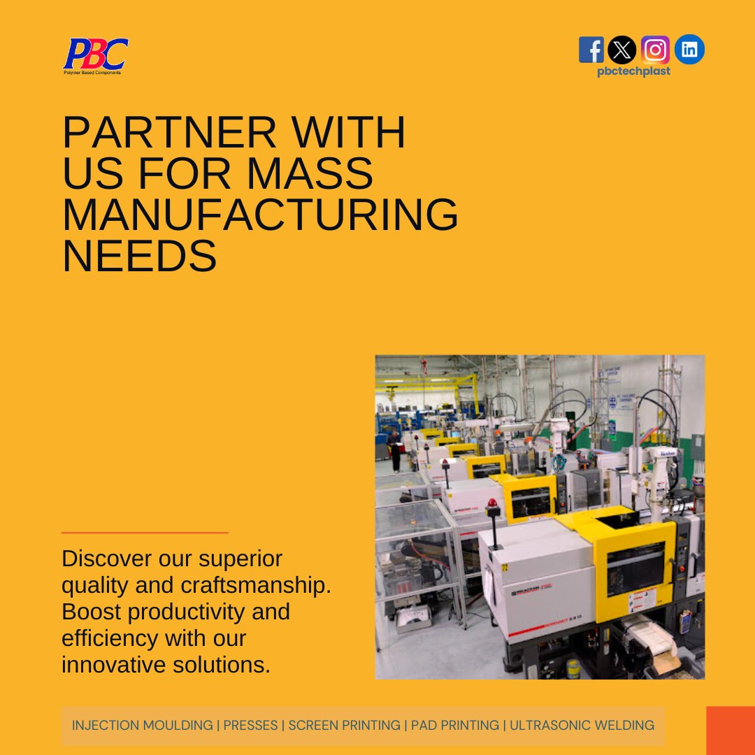 Partner with us for mass manufacturing needs.

Contact us now at sales@pbctechplast.com

#MoldDevelopment #ScreenPrinting #PadPrinting #PrintingTechniques #pbctechplast #injectionmolding #manufacturing #jobwork #plasticmanufacturer #foodcontainers #automobilecomponents
