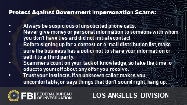 The #FBI warns the public to beware of government impersonation scams where fraudsters target unsuspecting victims through unsolicited telephone calls in which the caller claims to represent a government agency, including the FBI. Remember: 👇 #TechTuesday