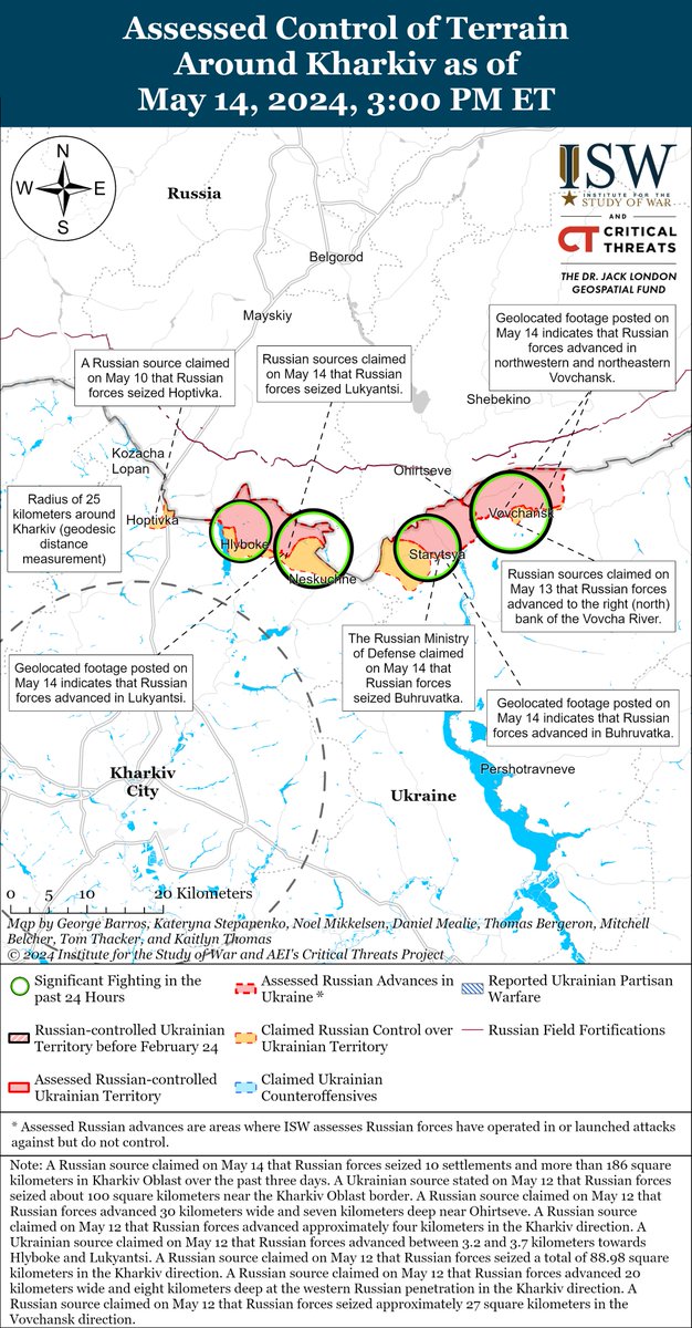 NEW: The pace of Russian offensive operations in northern Kharkiv Oblast appears to have slowed over the past 24 hours. 🧵1/5 The pattern of RU offensive activity in this area is consistent w/ ISW's assessment that RU forces are prioritizing the creation of a 'buffer zone' in…