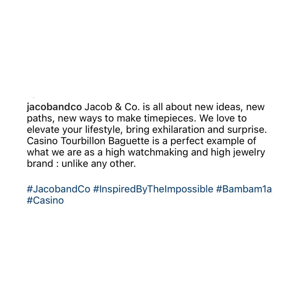 230515 | jacobandco’s IG Update 

Jacob & Co. is all about new ideas, new paths, new ways to make timepieces. We love to elevate your lifestyle, bring exhilaration and surprise. 

-

#Jacobandco #BamBamxJacobandco
#BamBam @BamBam1A @_Jacobandco 
@BAMBAMxABYSS