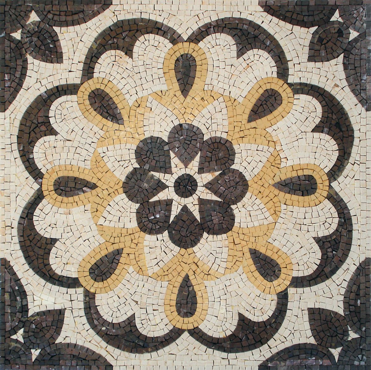 This handcrafted mosaic features a mod-inspired flower pattern. Perfect for adding a fashionable touch to your space, this mosaic is fun and chic with shades of gold and dark brown-black. mosaicnatural.com/mosaics/sq008 #mosaic #mosaicnatural #mosaicart #handmade #handmadeart