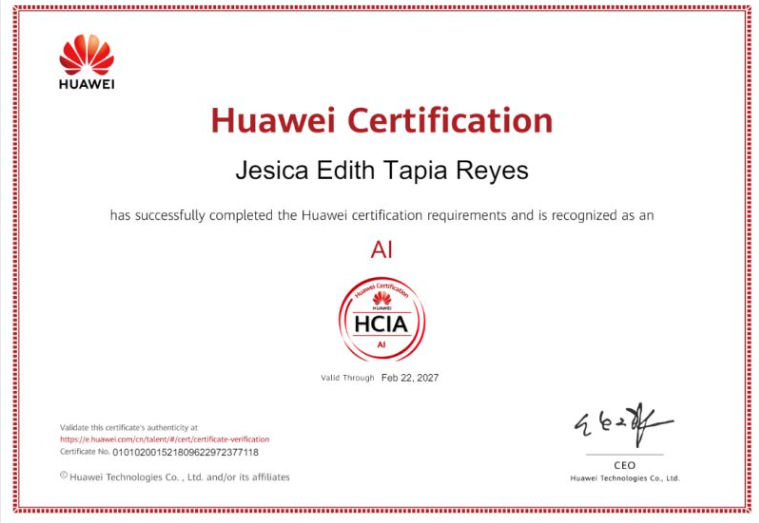 Jesik_Tapia's tweet photo. Celebrando haber obtenido la certificación HCIA Artificial Intelligence  Certified ICT Associate-AI de Huawei 🥳 https://t.co/ExtXgeHONN