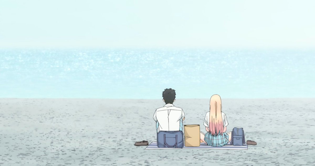 I have always loved this shot so much! Seeing them chilling in the beach, no worries whatsoever! They are just having a break from all their problems, enjoying as friends and laughing a lot! Eating food and drinking,  barefoot on the sand! 💛💙
#MyDressUpDarling #MarinKitagawa