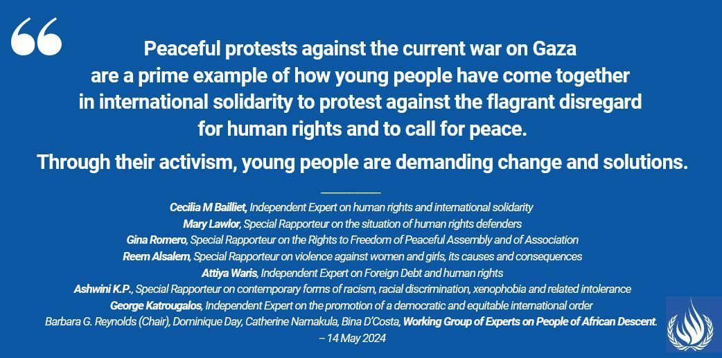 Repression of peaceful international solidarity demonstrations is against #HumanRights. With the proliferation of war & violent conflict around the world, students & young people are at the forefront of calling for change, say independent @UN_SPExperts. buff.ly/3JZJCMf