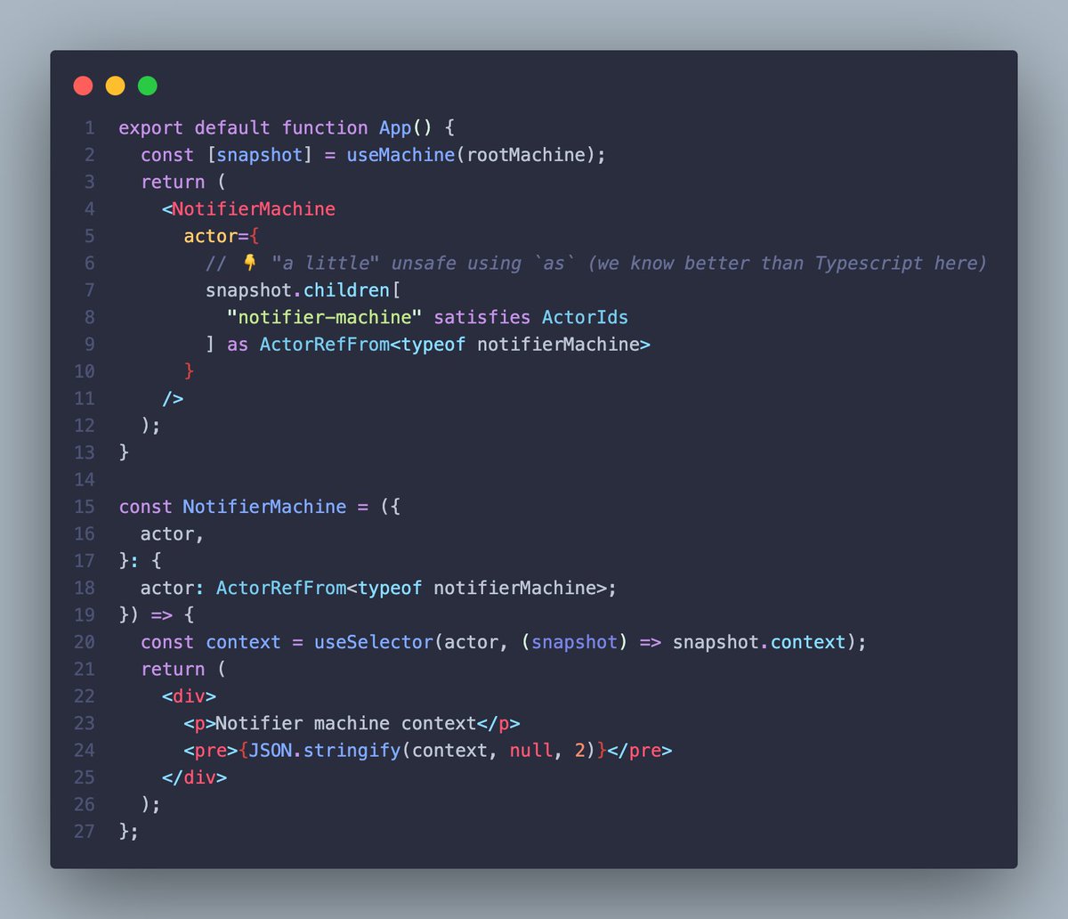 Full managed actor system with XState @statelyai 👉 `invoke` actors in root machine 👉 `children` to access invoked actors by `id` 👉 `useSelector` to get state/context from actor This allows to build isolate machine that communicate with each other 🚀