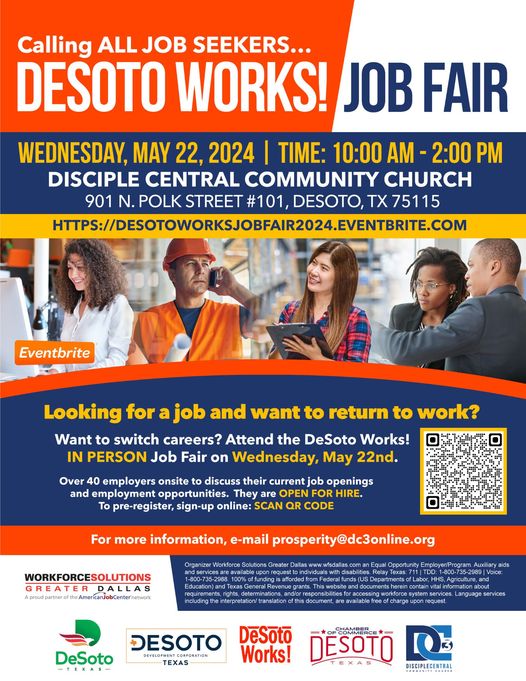 Join us at the DeSoto Works! Job Fair on Wednesday, May 22, 2024 at Disciple Central Community Church from 10am to 2pm.🌐 Register at: eventbrite.com/e/desotoworks-… #DesotoWorksJobFair #May2024JobOpportunities #CareerFair
