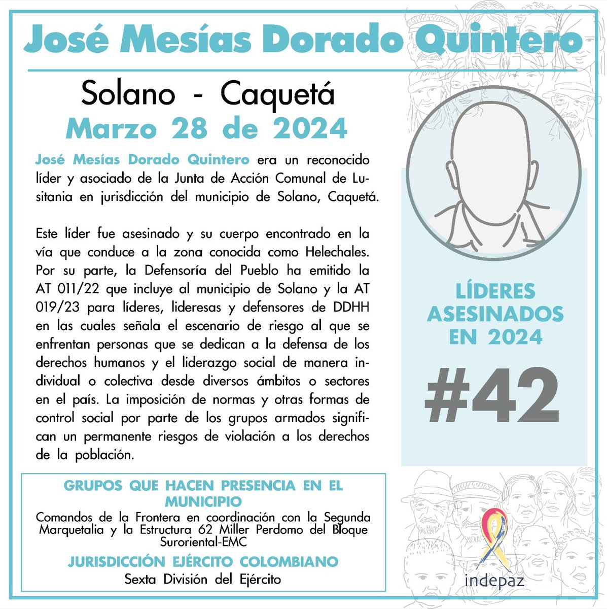 Asesinan al líder José Mesías Dorado Quintero, pertenecía a la Junta de Acción Comunal de Lusitania, jurisdicción del municipio de Solano, Caquetá. #QuePareLaMatanza