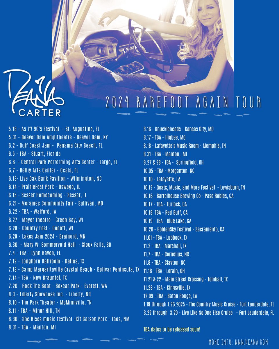 Check out these upcoming  tour dates!!! 🥰

Get more information here:
Deana.com

#deanacarter2024tour #deanacarter2025tour #90scountry #womenincountrymusic #strawberrywine #didishavemylegsforthis