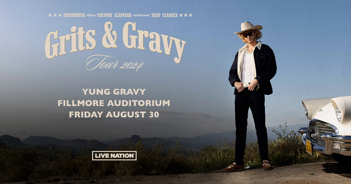 🤠🎤SHOW ALERT!🎤🤠 Party Guru Productions welcomes you to join us for The Grits & Gravy Tour ft Yung Gravy on Friday, August 30th at The Fillmore Auditorium! Pre-Sale: Thursday, May 16th 10am - midnight MT Pre-Sale Password: SOUNDCHECK Tickets🎟️: loom.ly/7ig9I5Y