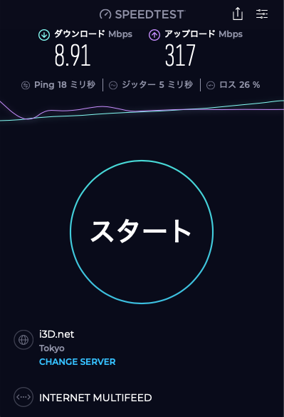 むー、今日は異常にネットが遅いぞ
アップロードは300Mbps超えてるのに、ダウンロードが10Mbps出ない😥
パケロスも26%出てるし