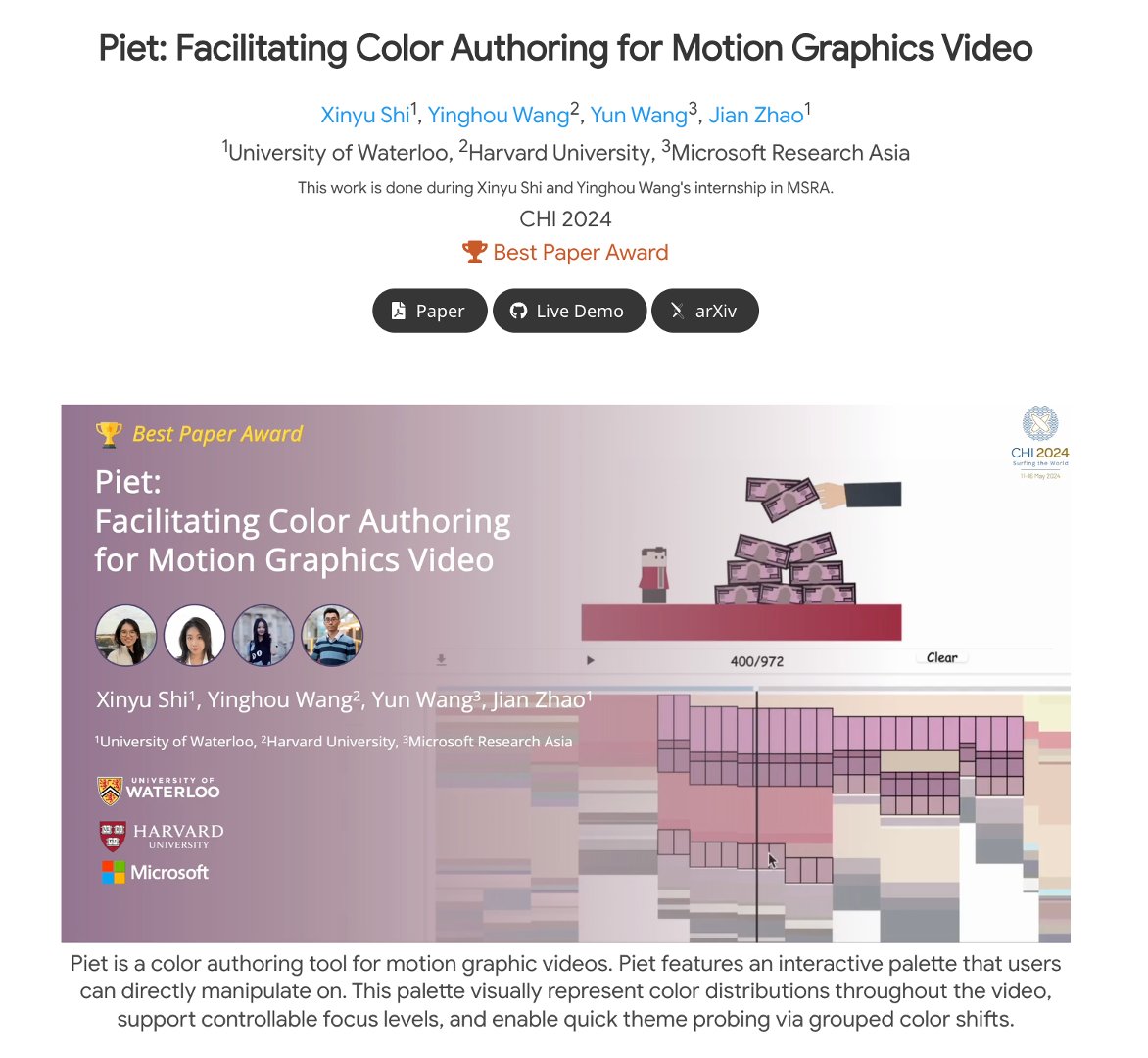 Dive into the art of colors in motion graphic videos with our award-winning tool in #chi2024, Piet! 🏆 Experience our live demo and see how easy and fun tweaking video colors can be! Check it out now: xinyu-shi.github.io/uploads/Piet_p…
