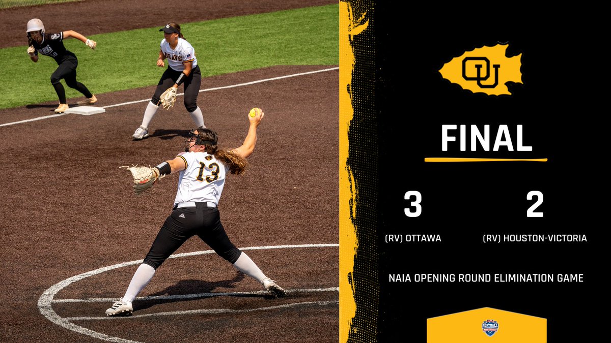 .@OttawaBravesSB continues to survive and advance. OU defeats Houston-Victoria 3-2. Ottawa must win two games tomorrow to move on to its fifth NAIA World Series. The Braves play (2) Oklahoma City at 1pm (5/15). #BraveNation #KCACscores