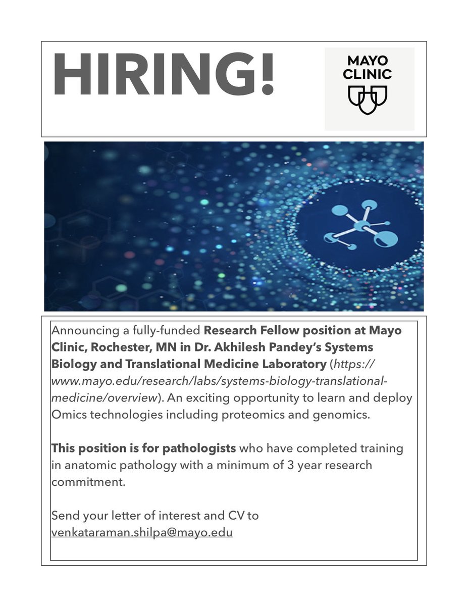 @Inside_TheMatch Research Fellow position at Mayo Clinic for pathologists. Email letter of interest and CV to Venkataraman.shilpa@mayo.edu mayo.edu/research/labs/… #insidethematch