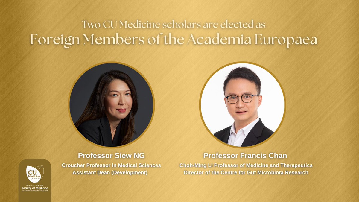 Congratulations to Professor Francis KL Chan (@FrancisKLChan) and Professor Siew Ng (@Siew_C_Ng) on being elected as Foreign Members of the #AcademiaEuropaea @acad_euro this year, the only Hong Kong scholars in the Clinical & Veterinary Science section in 2024.