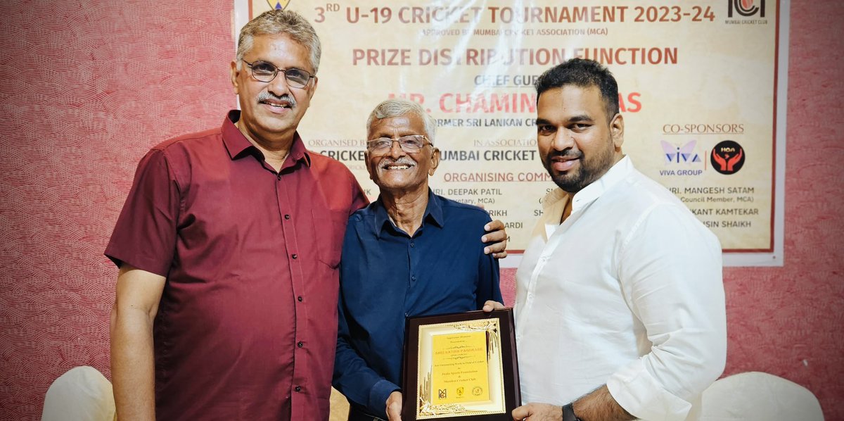 Attended the Prize distribution ceremony of the 3rd U-19 BHAMA Cup Cricket Tournament 2024, where Chief Guest Chaminda Vaas, Srilankan Cricketer, along with Deepak Patil,Jt.Sec. MCA, and members of the MCA Apex Council, graced the occasion at Mumbai Police Gymkhana, Marine Drive.