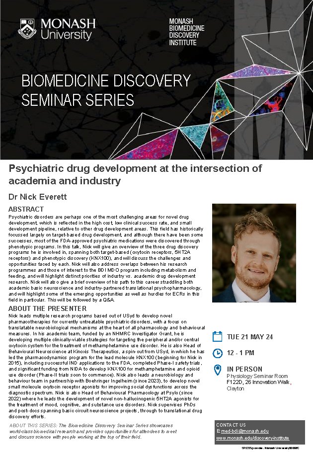Claire Foldi (@clairefoldi) on Twitter photo Excited to host Dr <a href="/neuronick_/">Nick Everett</a> next week from <a href="/BrainMind_Usyd/">Brain & Mind Centre</a> for a seminar that I'm sure will be of cross-cutting relevance to both basic scientists with a penchant for drug discovery and #ECRs with an uncertain future in academia <a href="/MonashBDI/">Monash Biomedicine Discovery Institute</a> - come join us at Clayton if you can! Excited to host Dr <a href="/neuronick_/">Nick Everett</a> next week from <a href="/BrainMind_Usyd/">Brain & Mind Centre</a> for a seminar that I'm sure will be of cross-cutting relevance to both basic scientists with a penchant for drug discovery and #ECRs with an uncertain future in academia <a href="/MonashBDI/">Monash Biomedicine Discovery Institute</a> - come join us at Clayton if you can!
