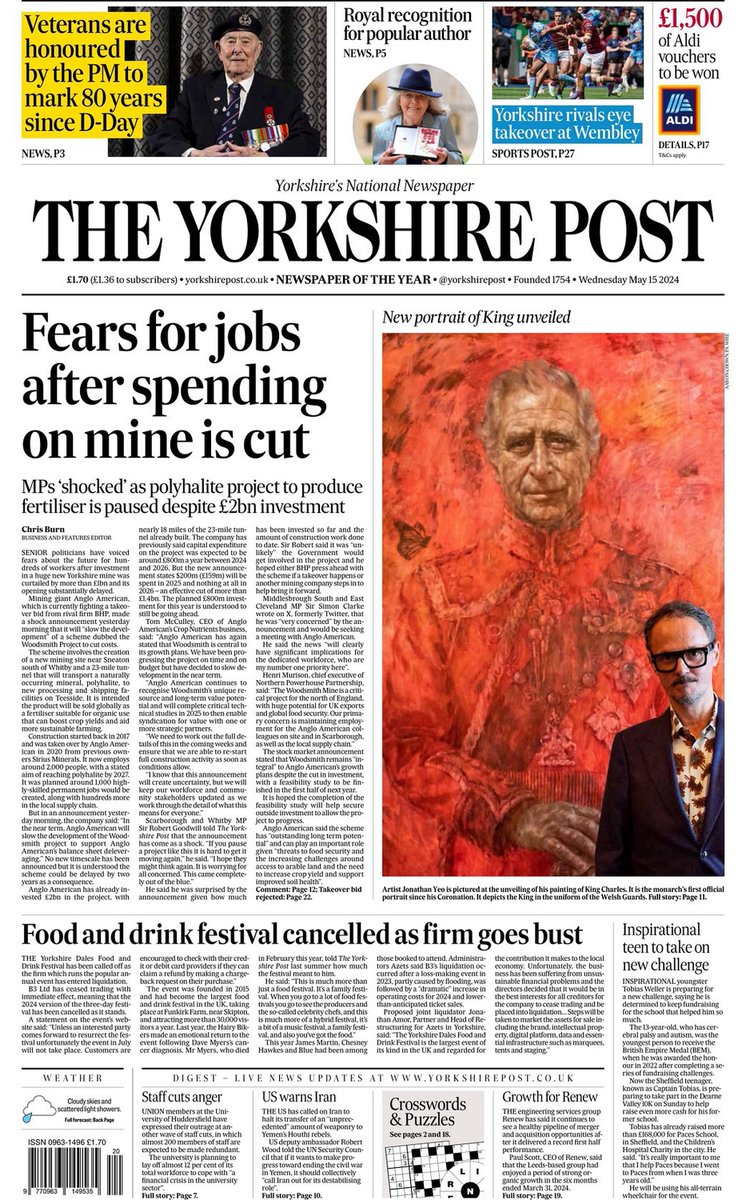 🇬🇧 Fears For Jobs After Spending On Mine Is Cut

▫MPs 'shocked' as polyhalite project to produce fertiliser is paused despite 2bn investment
▫@ChrisBurn_Post

#frontpagestoday #UK @yorkshirepost 🇬🇧