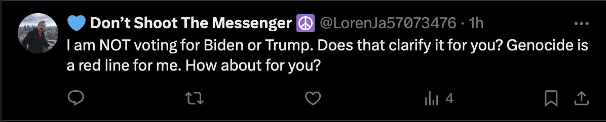 @LorenJa57073476 Note to my followers and those who follow @LorenJa57073476: The attached screenshot is the reply Loren posted before blocking. @LorenJa57073476 might be a malicious foreign account or simply misguided. Either way, accusing Biden of genocide gets from me an automatic block.