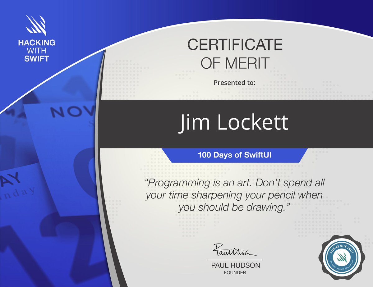 jimlockett's tweet photo. 🎉 I just finished Day 100 of the #100DaysOfSwiftUI at https://t.co/Tp3egHQDNR via @twostraws Thank you, Paul! https://t.co/0UVpE2k8Vc