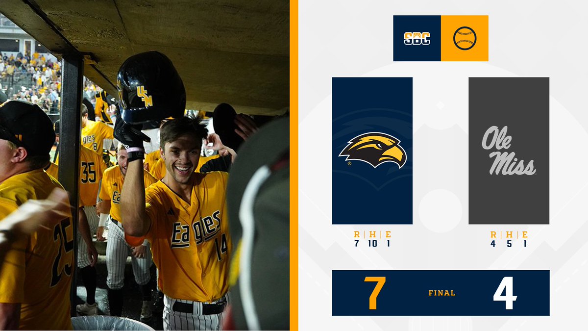 𝗖𝗔𝗡'𝗧 𝗠𝗜𝗦𝗦. @SouthernMissBSB makes it eight-straight victories with a statement 7-4 win over in-state foe Ole Miss in mid-week action. ☀️⚾️