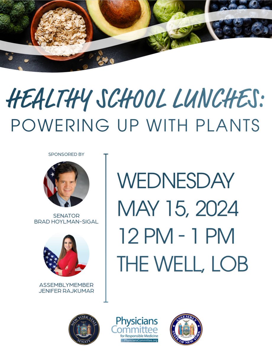 Tomorrow! I am partnering with Physicians Committee for Responsible Medicine & Senator @bradhoylman for “Healthy School Lunches: Powering Up With Plants” in support of my bill A3708 bringing plant-based options to schools. Please join us for our press conference at