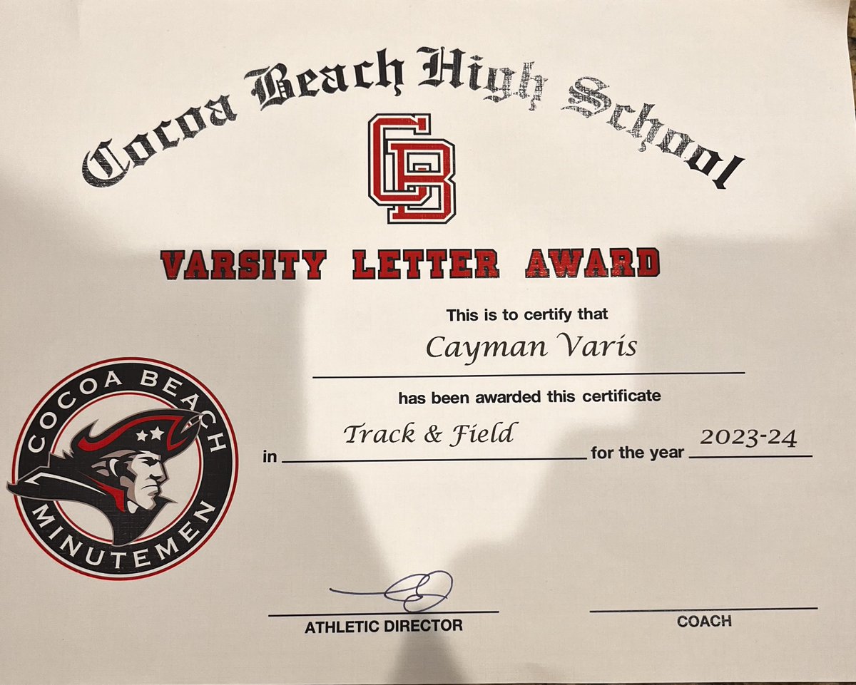 Proud to have received a Varsity Letter from @beach_track This is my 2nd Varsity letter of 8th grade! @CocoaBeachFB @CoachKimmey @larryblustein @AlPopsFootball @Rivals @On3Recruits @MaxPreps @raefsu23 @Dwight_XOS @bighitslive @ZybekSports @J55FoFo @VarisRyder @CoachGenoWR @TRONE2