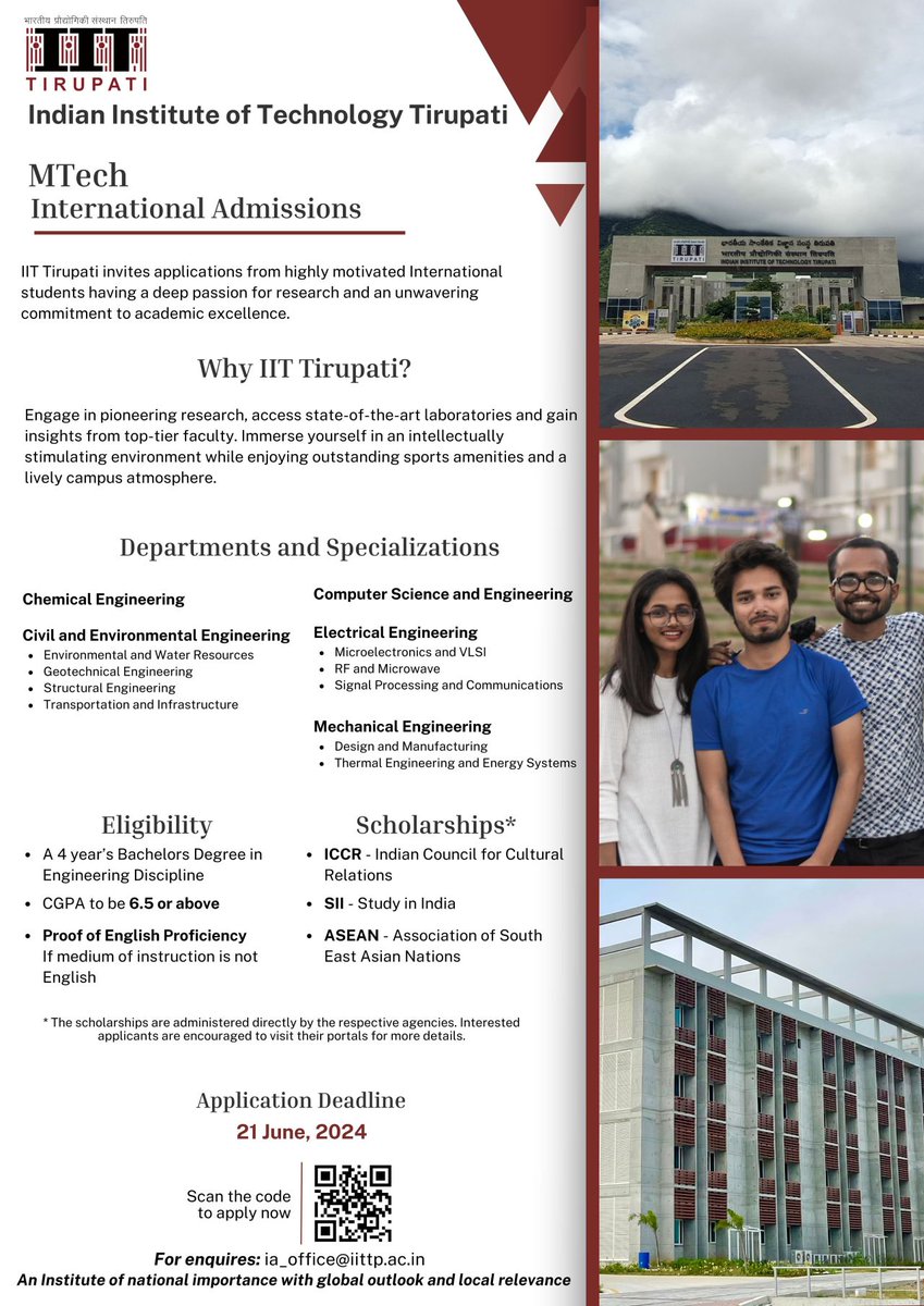 Are you ready to embark on an enriching academic adventure @iit_tirupati ? 🚀 We are excited to invite talented and ambitious international students to apply for MTech positions at IIT Tirupati! For more details lnkd.in/gSJ4DsqY