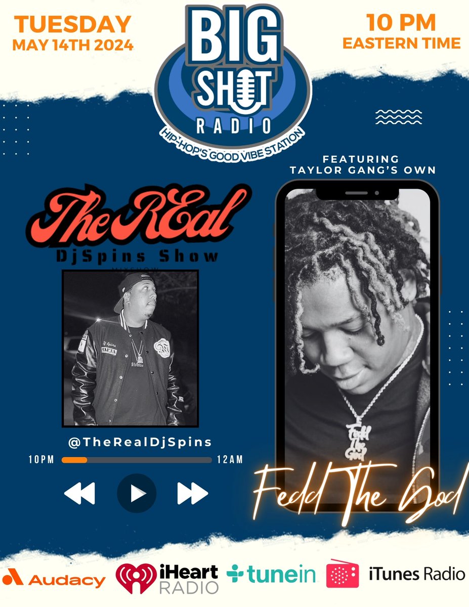 I'm Live Right Now On @bigshotradio Featuring @mrbigshotatworkTop 10 At 10 Countdown, My Interview With @TaylorGang @FeddTheGod & The Spins Monster Mix, Tune In Via @iHeartRadio Tune in #LiveRadio #Hiphop #HipHopMusic #FleetDjs #DJ #Radio #RT Tune In: ihr.fm/3ntYaMn