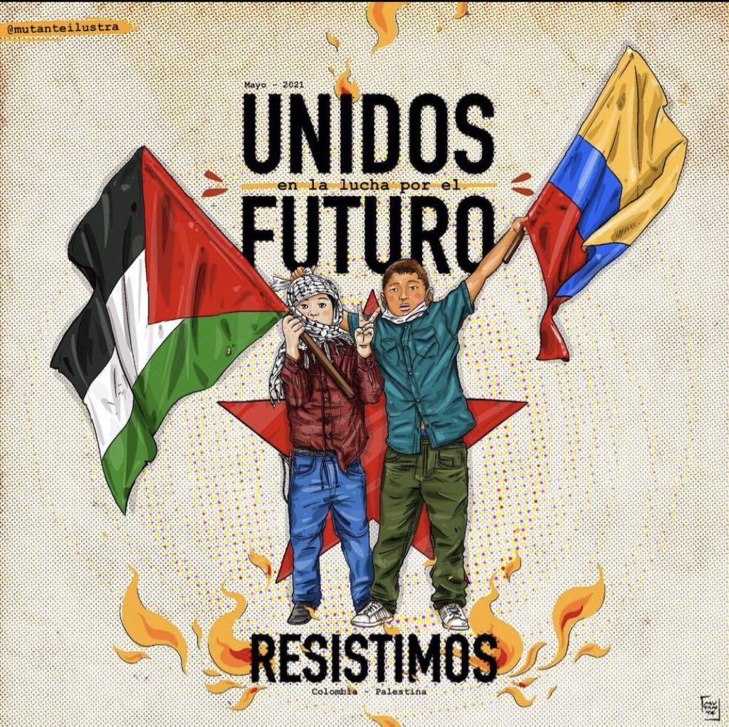 “United in the struggle for the future. We resist. Colombia-Palestine” seen in Bogota, Colombia.🖤❤️🤍💚✊🏿🍉📸IG:mutanteilustra