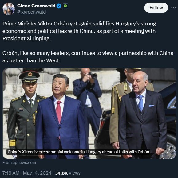 There is some serious contortion involved to praise Orban and Xi in the same tweet, for the same reason, to appeal to both a far-right audience and a tankie audience.