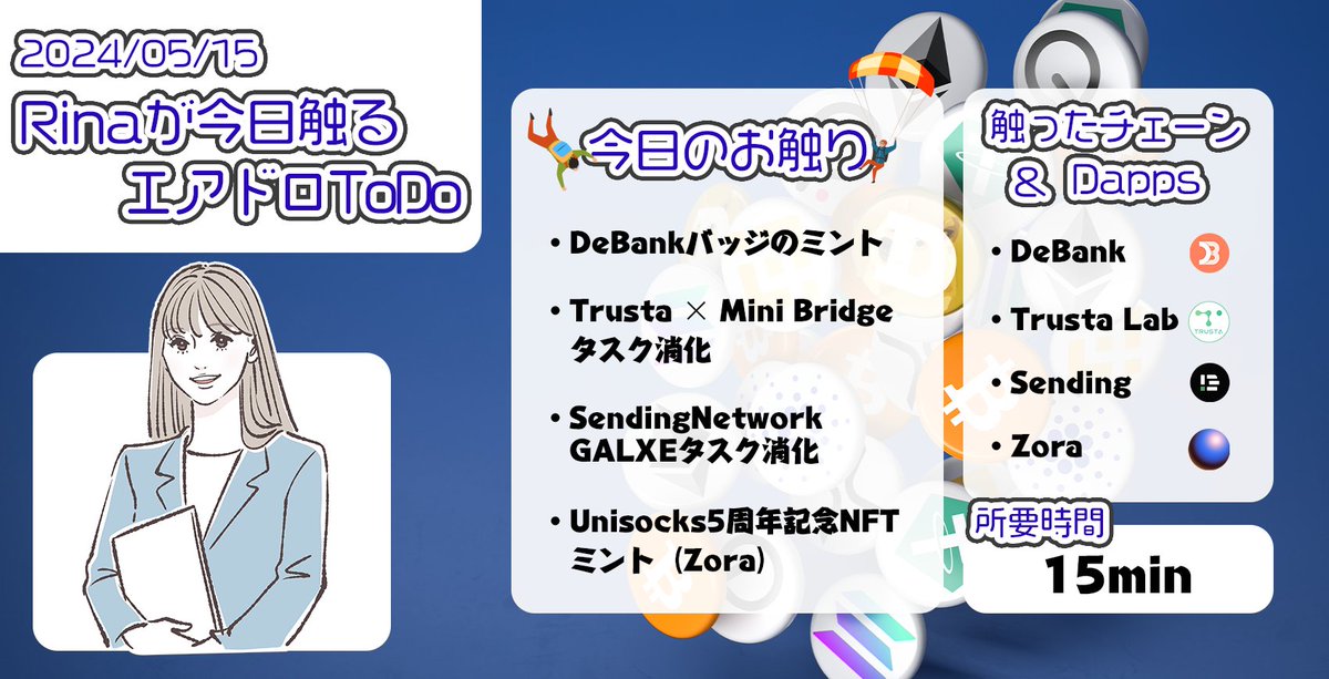 【5/15のエアドロ戦略（仮想通貨部門）】
今日Rinaが実施するエアドロ戦略です🪂

それぞれのリンクはリプからチェックしてくださいね！
◆DeBankのバッチチェック
debank.com/badge

◆・Trusta × Mini Bridgeタスク消化
trustgo.trustalabs.ai/dashboard?s=7B…

◆SendingNetwork Loyalty Program