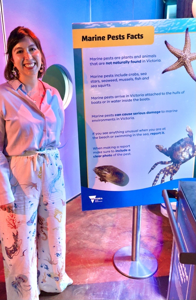 GabStanzi's tweet photo. We have teamed up with
@melbaquarium to design a Marine Biosecurity Campaign!  The program aims to raise awareness of marine pests and how we can all help protect Victorian oceans 🐙🦈The campaign will be displayed at the Melbourne Aquarium from May until mid-June! #marinescience https://t.co/LUVOTbZDb0
