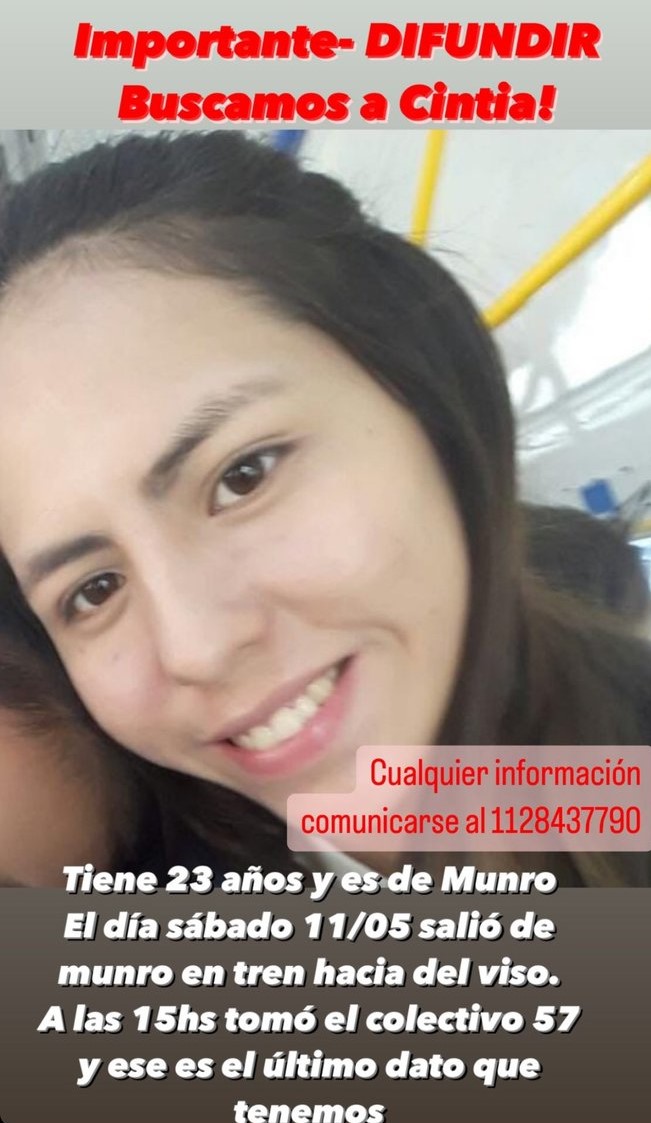 desaparecidaorg's tweet image. #URGENTE BÚSQUEDA EN TIEMPO REAL #MUNRO
🆘PEDIMOS MÁXIMA DIFUSIÓN🙏
Cintia tiene 23 años, desapareció el 11/5 en Munro, Vicente López, provincia de Buenos Aires. Por favor compartir, y si la ven avisar #Urgente al ☎️ 11-28437790, o 911 

#VicenteLopez @VivamosVL